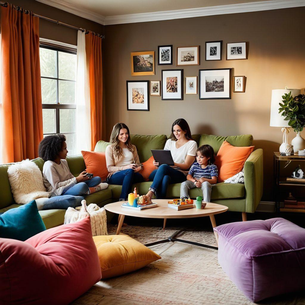 A cozy living room scene with a mother and her children watching TV, surrounded by colorful toys and soft blankets, illustrating a blend of relaxation and engagement. The television screen displays community-focused shows that promote family bonding. Warm lighting to evoke a sense of comfort and togetherness, with photos of family activities on the walls. super-realistic. warm colors. inviting atmosphere.