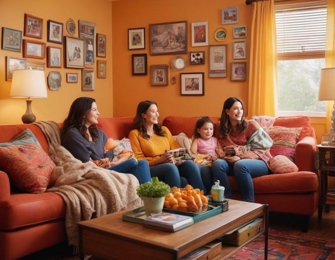An inviting living room scene filled with warmth and laughter, showcasing a diverse group of mothers joyfully watching a heartwarming TV series. Bright colors and playful décor, featuring cozy blankets and snacks, reflect a nurturing atmosphere. There are elements of learning and love depicted, such as books and family photos on the walls. A soft glow from a vintage TV adds nostalgia, enhancing the delightful mood. super-realistic. vibrant colors. warm lighting.