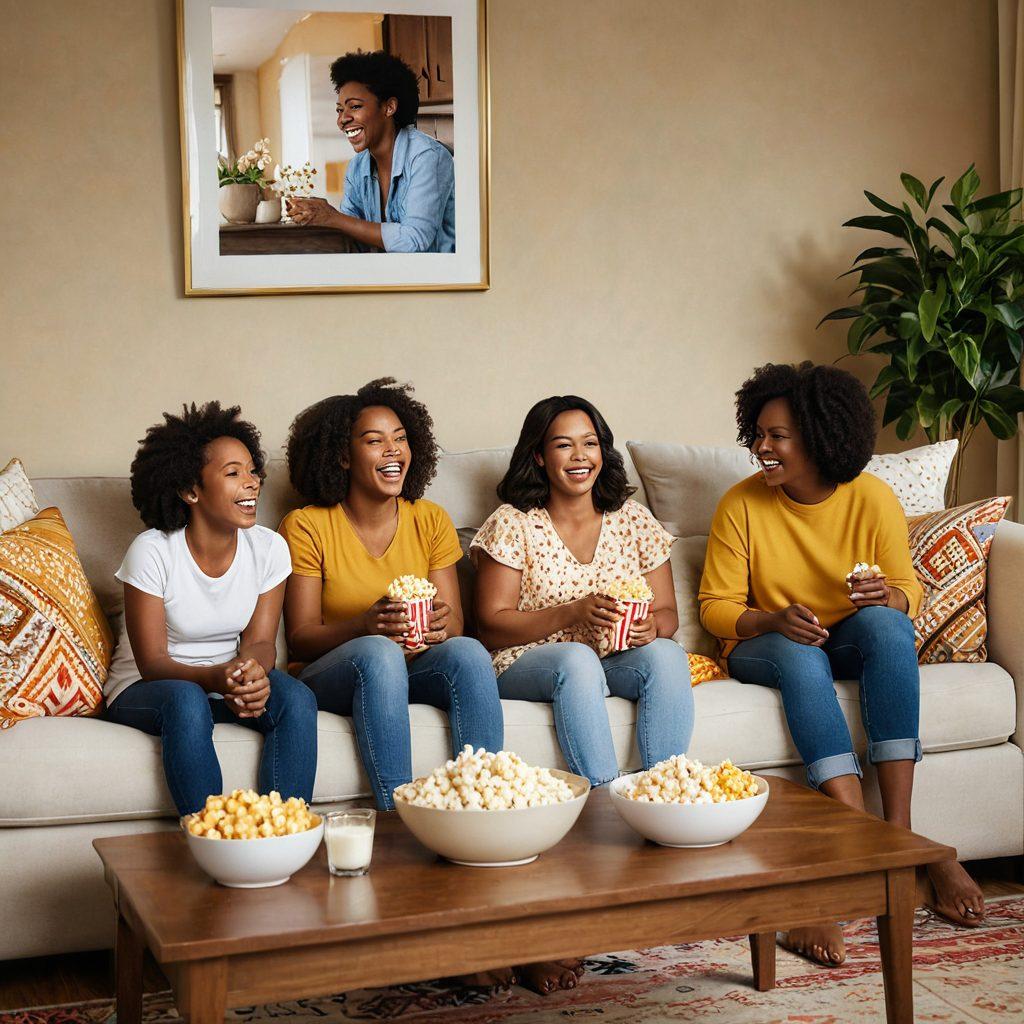 Create a heartwarming scene of a diverse group of mothers joyfully watching a TV series together in a cozy living room filled with soft pillows and blankets. Include elements like popcorn, laughter, and children playing in the background, symbolizing empowerment. The room should be warmly lit to evoke a sense of comfort and camaraderie. super-realistic. vibrant colors.